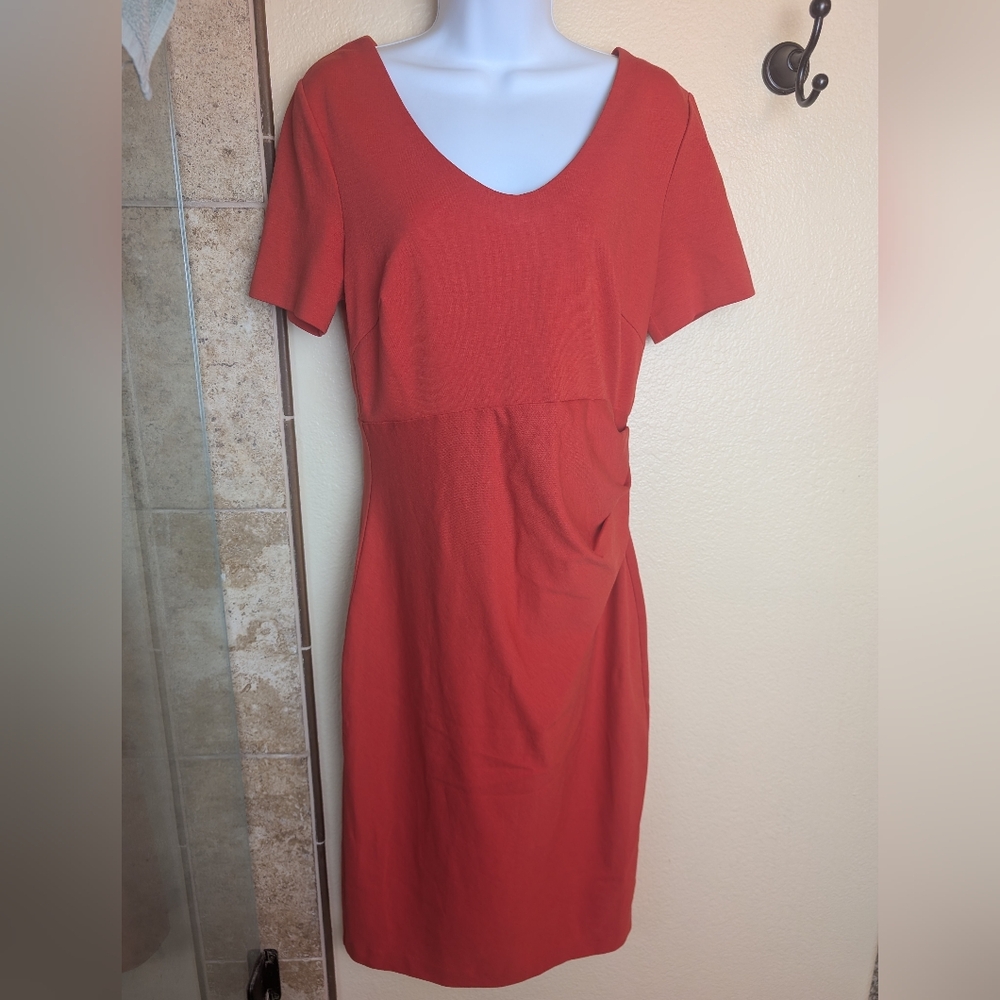 Boden Red Orange Scoop Neck Short Sleeve Ruched Sheath Dress US 10 UK 14 EUC